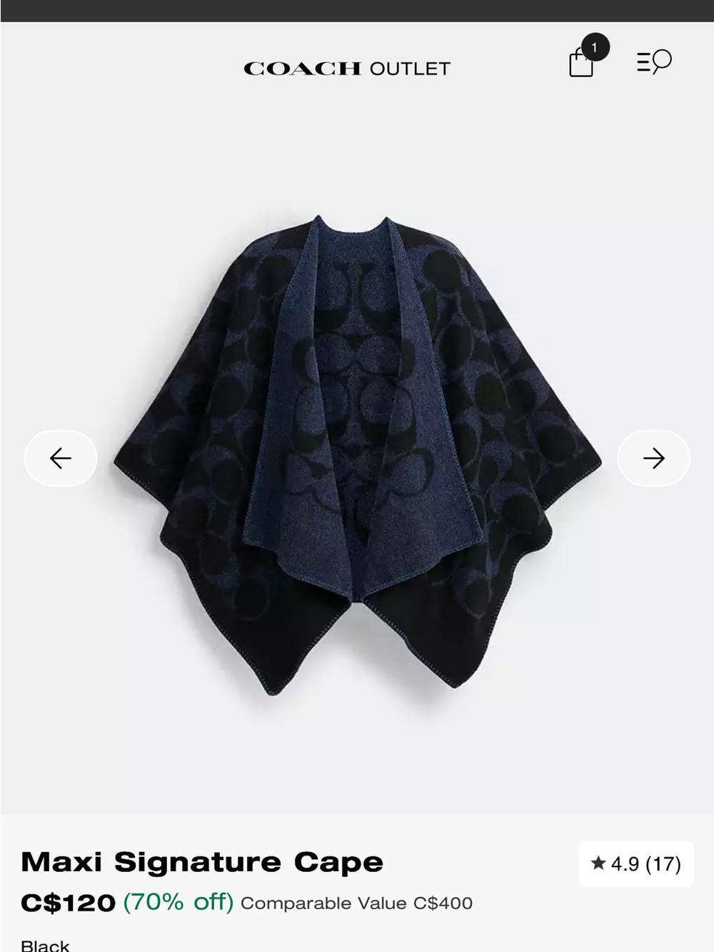 Coach Maxi Signature Cape - Black and Navy